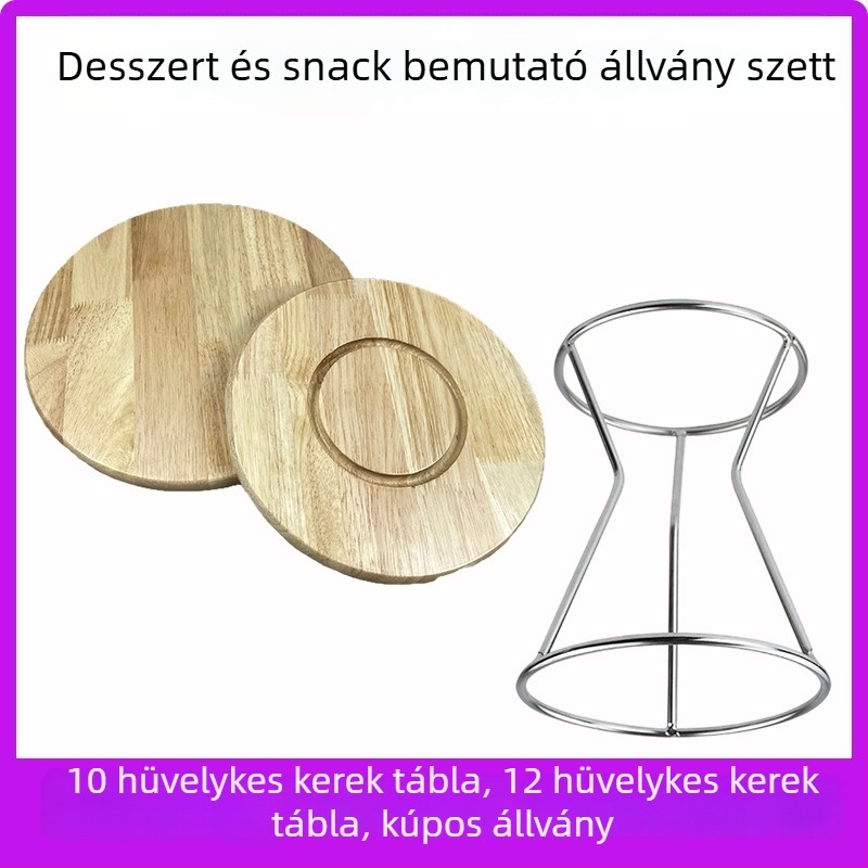 Rozsdamentes acélból készült desszertkiállító készlet: desszertállvány, pizza tál, kör alakú tortatál és sütési kiállító tál