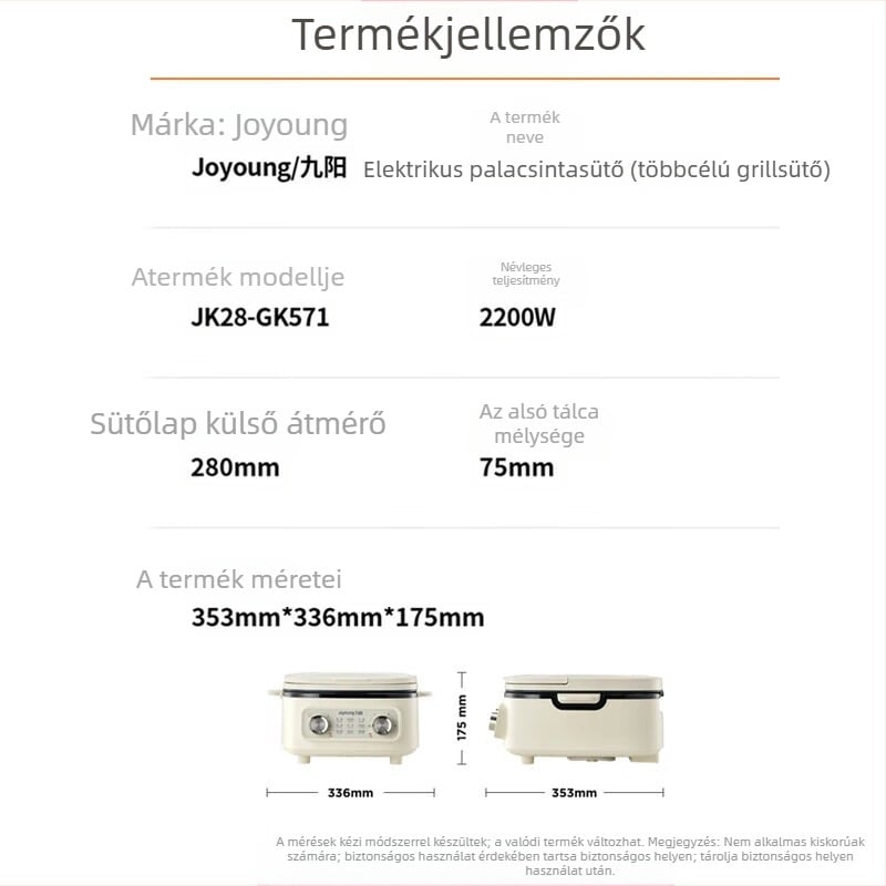 Elektromos palacsintasütő JK28-GK571, dupla oldali fűtés, 1000W+, 220V 50Hz, kivehető és mosható