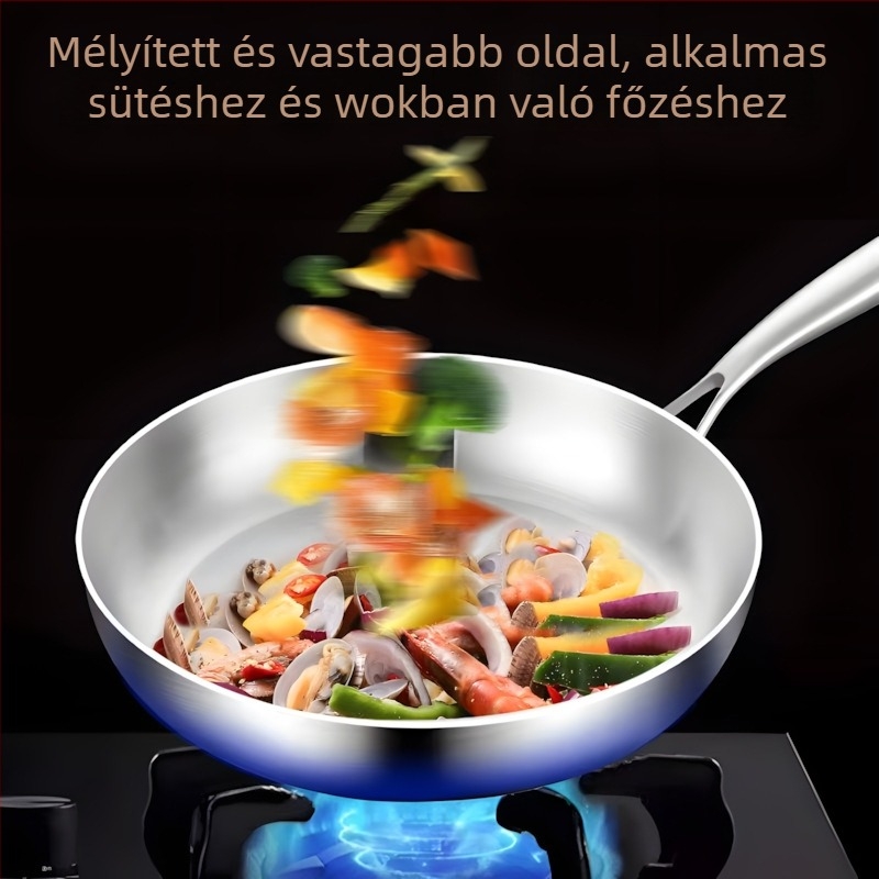 304 rozsdamentes acél serpenyő hosszú fogóval, mélyített és vastag test, tapadásmentes, indukcióval kompatibilis