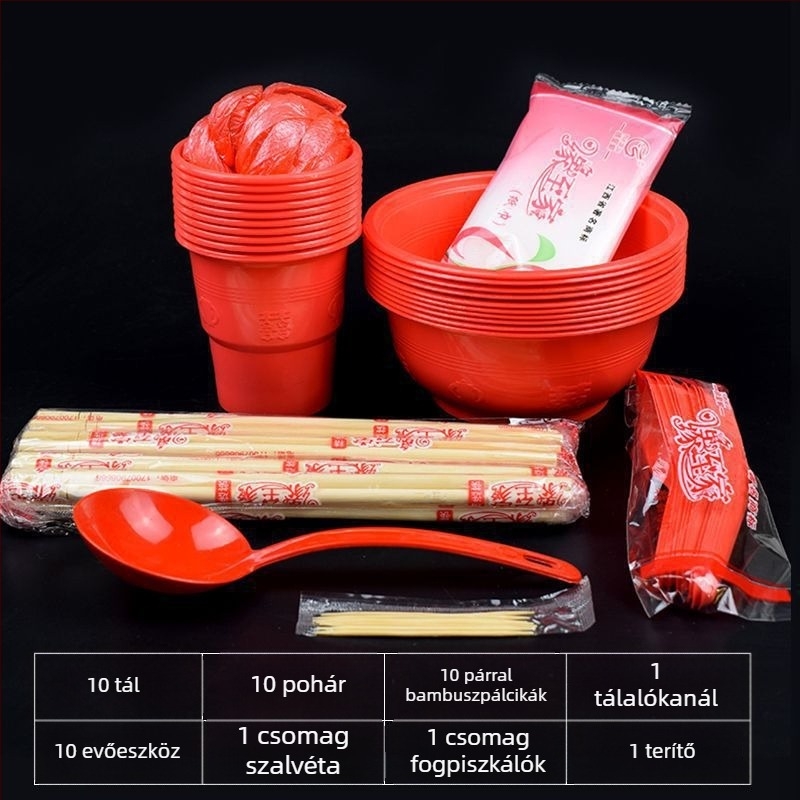 Egyszer használatos vacsoraedények készlet piros színben, esküvői bankettre — tálak és poharak 10 személyre; Márka: Egyéb; Anyag: Egyéb; Logó nyomtatás; Személyre szabott feldolgozás