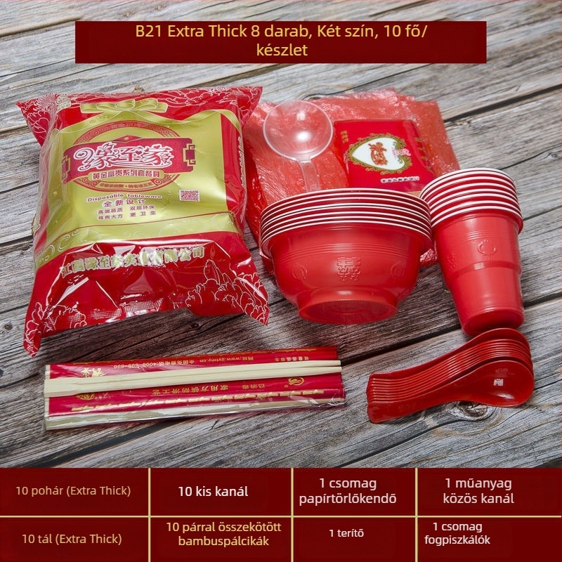 Egyszer használatos vacsoraedények készlet piros színben, esküvői bankettre — tálak és poharak 10 személyre; Márka: Egyéb; Anyag: Egyéb; Logó nyomtatás; Személyre szabott feldolgozás