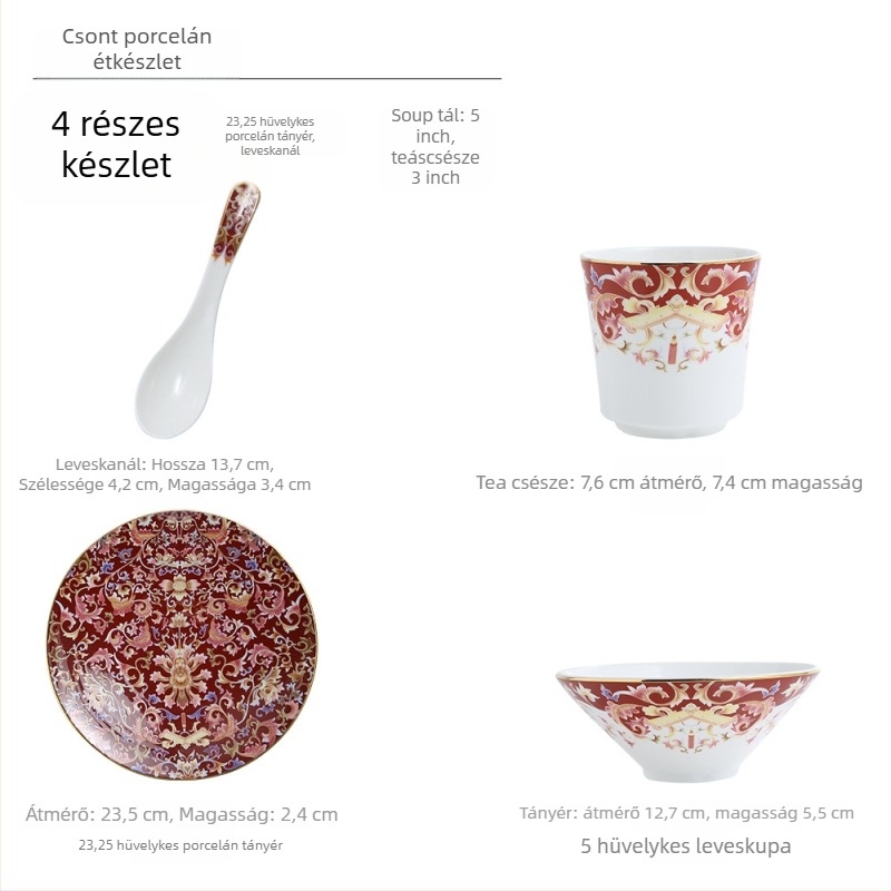 Csontporcelán étkészlet fémes szegéllyel, új kínai stílus, mikrohullámú sütőben használható.