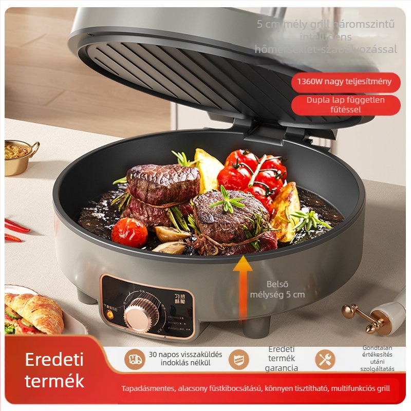 Háztartási elektromos palacsintasütő, többfunkciós, kétoldali felmelegedés, tapadásmentes felület, sütésre, grillre és főzésre egy készülékben.