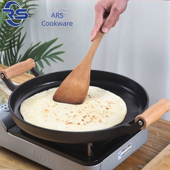 Kovácsoltvas palacsinta serpenyő kettős fa nyéllel, sík alj, sekély serpenyő barbecue-hoz és steakhez, háztartási használatra, indukciós főzőfelület kompatibilis