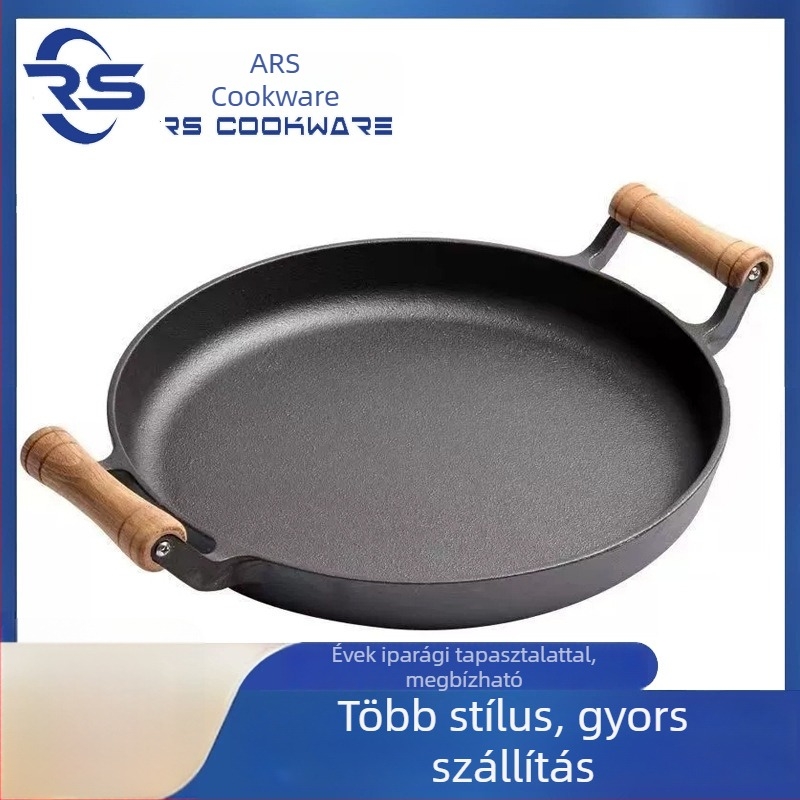 Kovácsoltvas palacsinta serpenyő kettős fa nyéllel, sík alj, sekély serpenyő barbecue-hoz és steakhez, háztartási használatra, indukciós főzőfelület kompatibilis