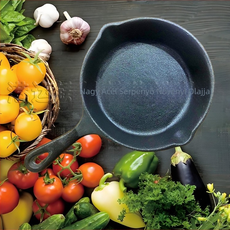 Kerek öntöttvas serpenyő, tapadásmentes, 1,9 kg, mélység 3,5–5 cm, kompatibilis gáztűzhellyel és indukciós főzőfelülettel, otthoni használatra