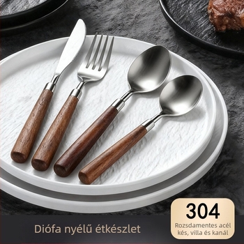 304 rozsdamentes acél nyugati stílusú evőeszköz készlet: kés, villa, kanál; tükörsima felület; modern, letisztult dizájn; logónyomás és testreszabás elérhető