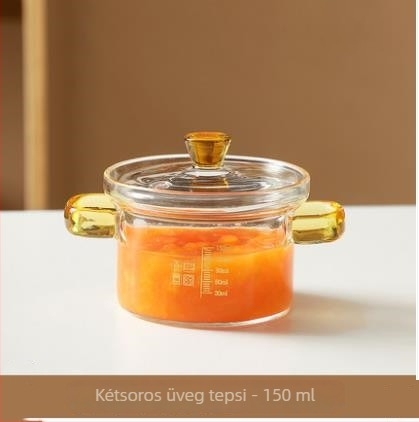 Dupla fogantyús üveg pároló tál, magas boroszilikát üveg, mikrózható, szabálytalan forma, mérőskálával, modern egyszerű stílus