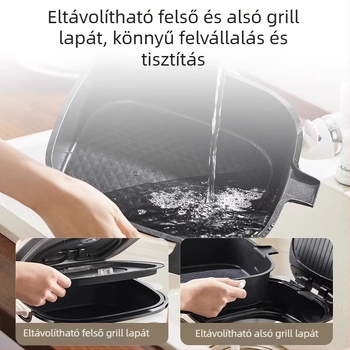 Családi használatra tervezett elektromos grillsütő tábla kettős fűtéssel és mélyebb sütőtálcával – JD2828R892, 220V, 2200W, 4–5 fő részére