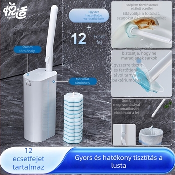 Egyszer használatos vécé-kefe készlet 12 fejjel, tisztítófolyadékot tartalmaz, hosszú nyél