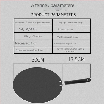 Palacsinta- és sütőserpenyő, vastagított alumínium, tapadásmentes bevonat, gázégővel kompatibilis, levehető fogantyú, modell 30