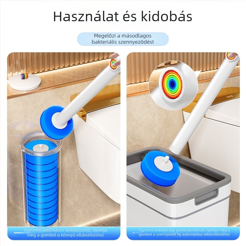 Falihoz szerelt egyszer használatos WC-kefe, cserélhető fejjel, holt zugok nélkül
