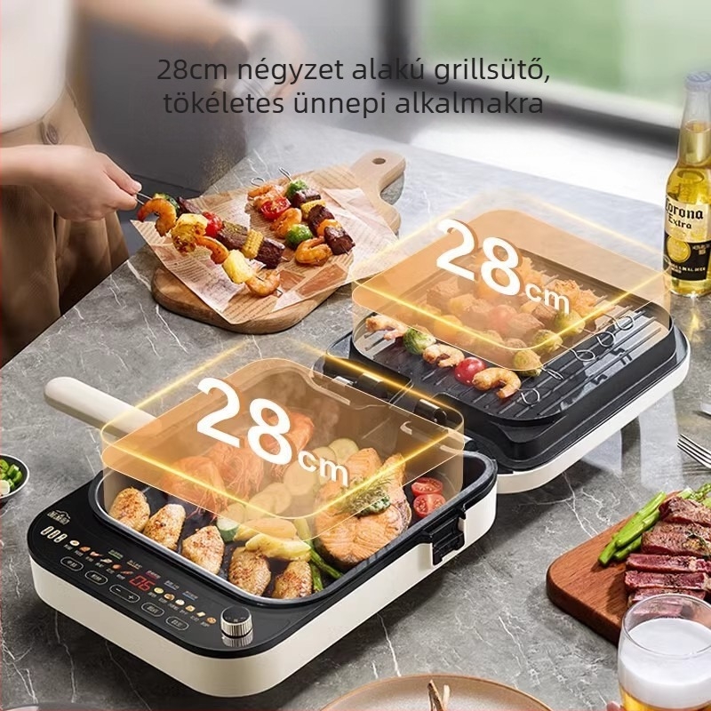 Kétoldalas fűtésű elektromos sütőserpenyő, levehető és mosható, mikroprocesszoros vezérlés, 1800W, 220V