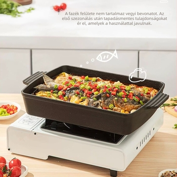 Öntöttvas négyszögletes grillserpenyő bevonat nélküli, 3,2 kg, többfunkciós