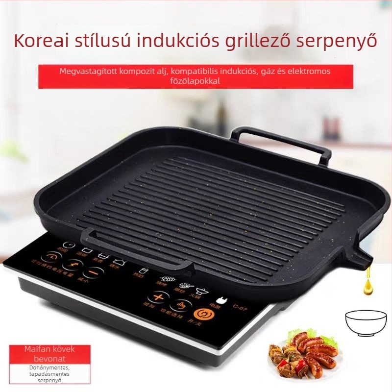 Koreai stílusú, többfunkciós Maifan kő grill tálca, négyszögletes, tapadásmentes