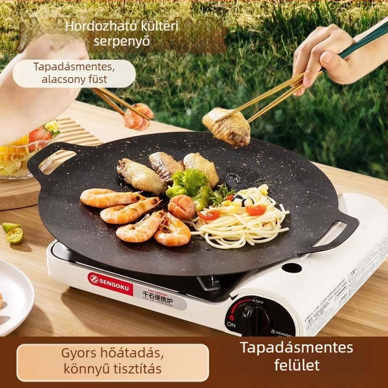 Hordozható kerek vas teppanyaki grillsütőlemez, koreai stílus, tapadásmentes felület