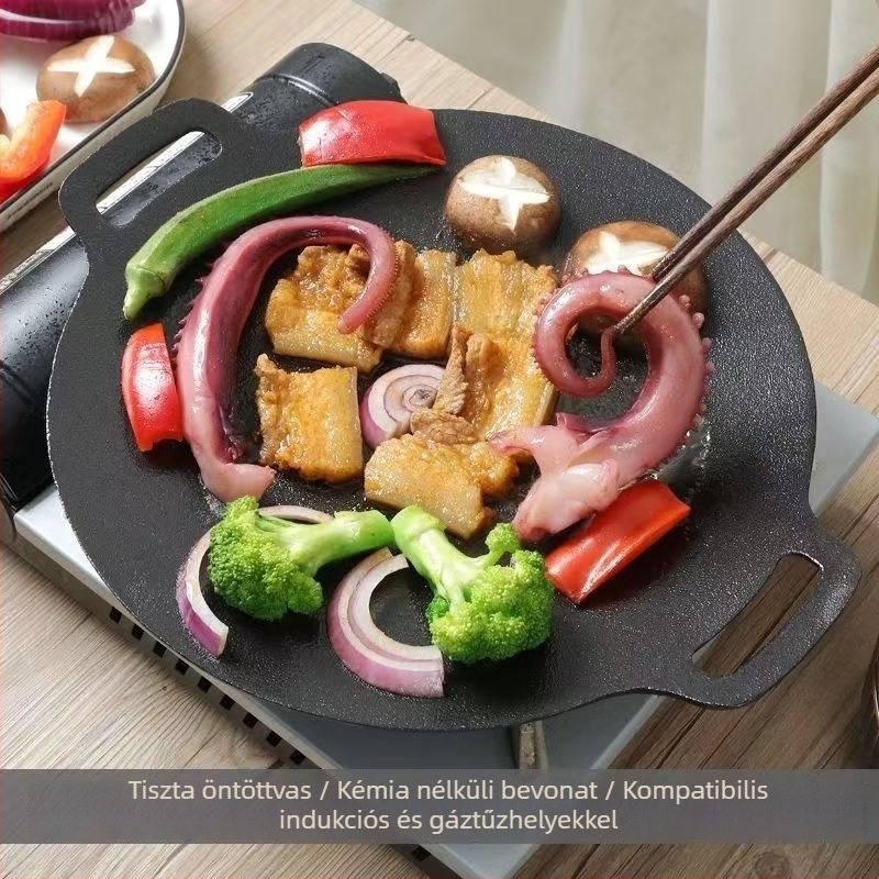 Öntöttvas Kültéri konkáv grill serpenyő – kör alakú, hordozható, bevonat nélküli, 2,1 kg