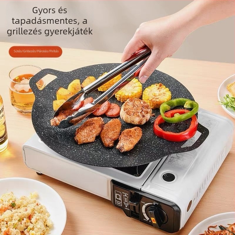 Öntöttvas grilllap gázfőzőhöz, hordozható koreai stílusú kör grill, steak grillezéséhez, otthoni és kültéri használatra
