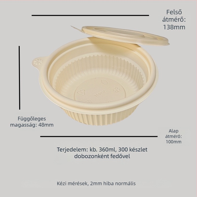 Egyszer használatos kukoricakeményítőből készült edény, biológiailag lebomló, magas hőmérséklet-ellenálló, olajálló és deformációval szemben ellenálló, kapacitás 900–1000 ml