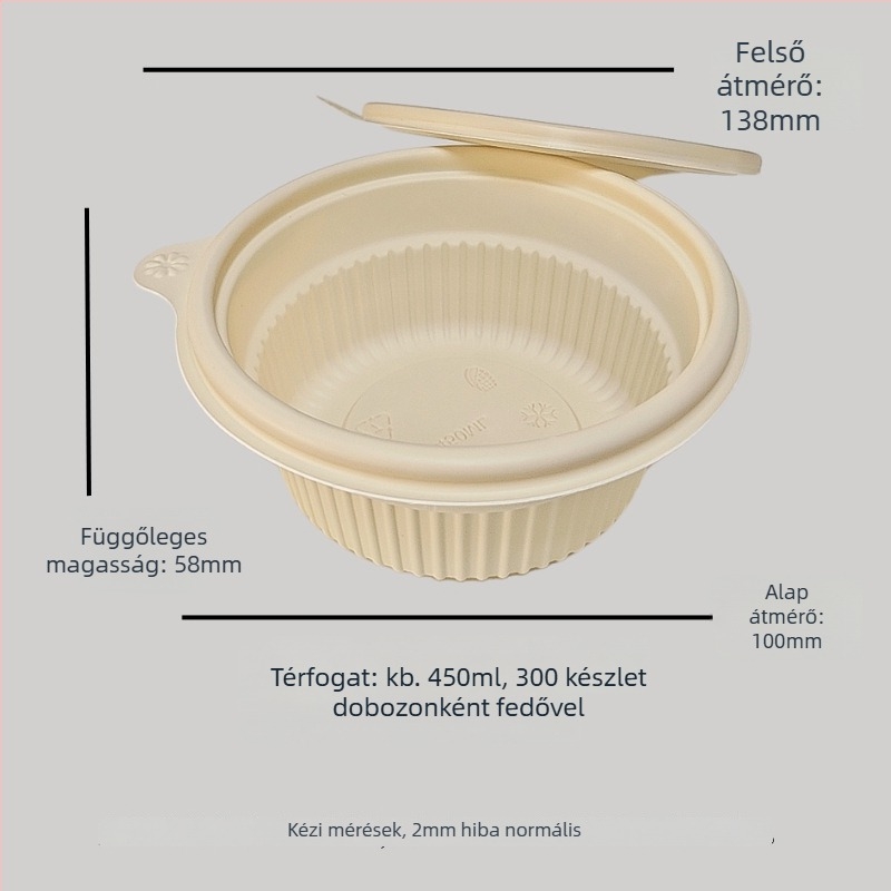 Egyszer használatos kukoricakeményítőből készült edény, biológiailag lebomló, magas hőmérséklet-ellenálló, olajálló és deformációval szemben ellenálló, kapacitás 900–1000 ml