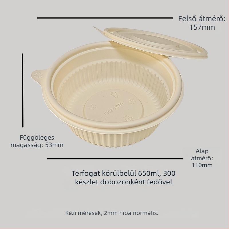 Egyszer használatos kukoricakeményítőből készült edény, biológiailag lebomló, magas hőmérséklet-ellenálló, olajálló és deformációval szemben ellenálló, kapacitás 900–1000 ml