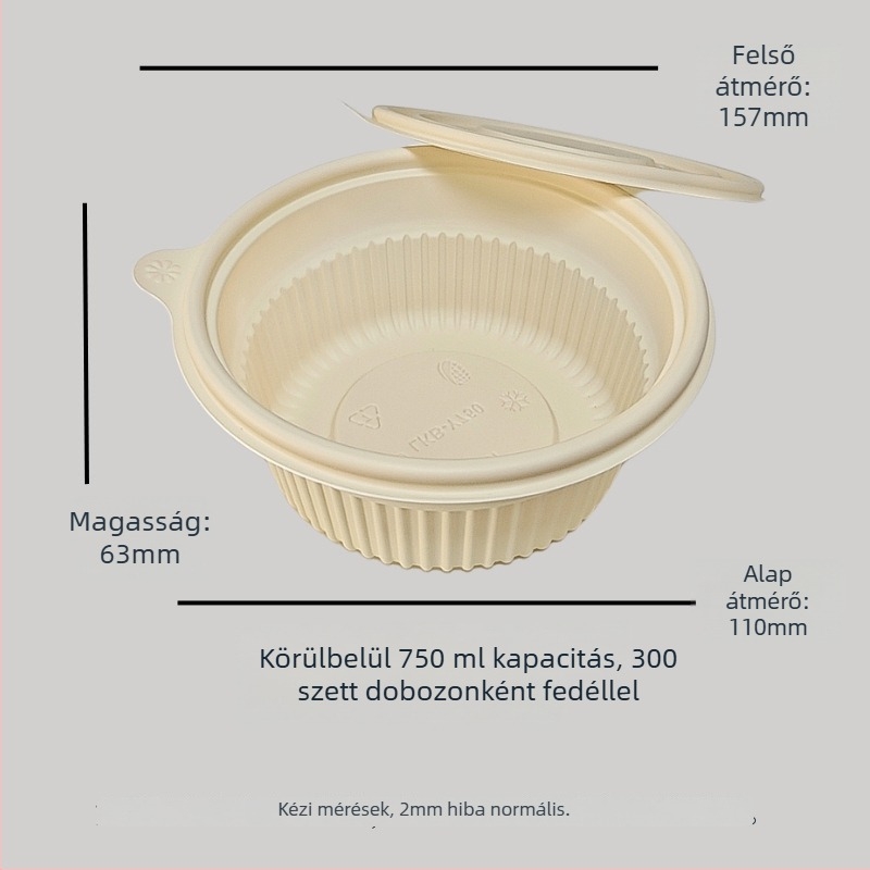 Egyszer használatos kukoricakeményítőből készült edény, biológiailag lebomló, magas hőmérséklet-ellenálló, olajálló és deformációval szemben ellenálló, kapacitás 900–1000 ml
