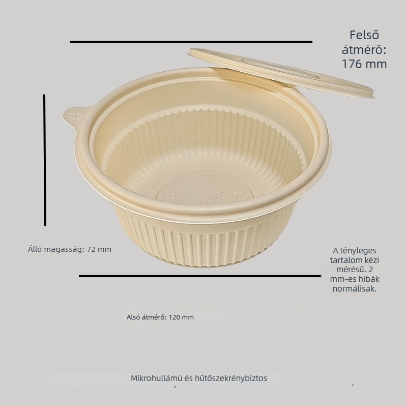 Egyszer használatos kukoricakeményítőből készült edény, biológiailag lebomló, magas hőmérséklet-ellenálló, olajálló és deformációval szemben ellenálló, kapacitás 900–1000 ml