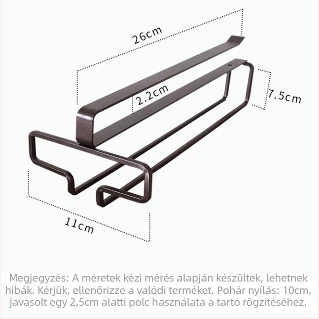 Fali borospohár tartó, fúrás nélkül, szénacélból, retro luxus stílus, tömege körülbelül 170 g
