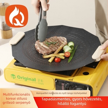 Kuangqi Vasból készült kör grilllemez - hordozható, füstmentes, tapadásmentes, indukciós főzőlaphoz (modern minimalist stílus)