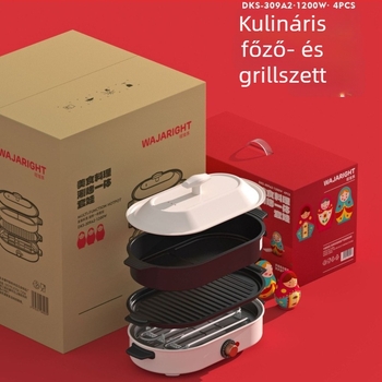 Elektrikus hotpot és grill – kerámiaborítású test, 1201–1500W, kapacitás 4–5 L, funkciók: sütés, főzés, pörkölt, hot pot, teppanyaki