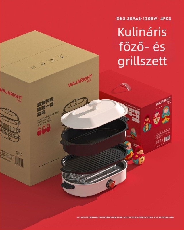 Elektrikus hotpot és grill – kerámiaborítású test, 1201–1500W, kapacitás 4–5 L, funkciók: sütés, főzés, pörkölt, hot pot, teppanyaki