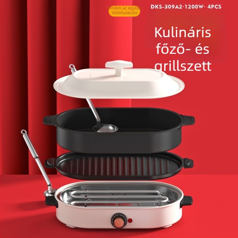 Elektrikus hotpot és grill – kerámiaborítású test, 1201–1500W, kapacitás 4–5 L, funkciók: sütés, főzés, pörkölt, hot pot, teppanyaki