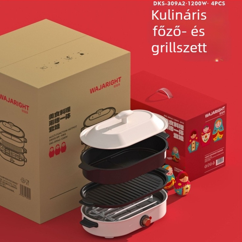 Elektrikus hotpot és grill – kerámiaborítású test, 1201–1500W, kapacitás 4–5 L, funkciók: sütés, főzés, pörkölt, hot pot, teppanyaki
