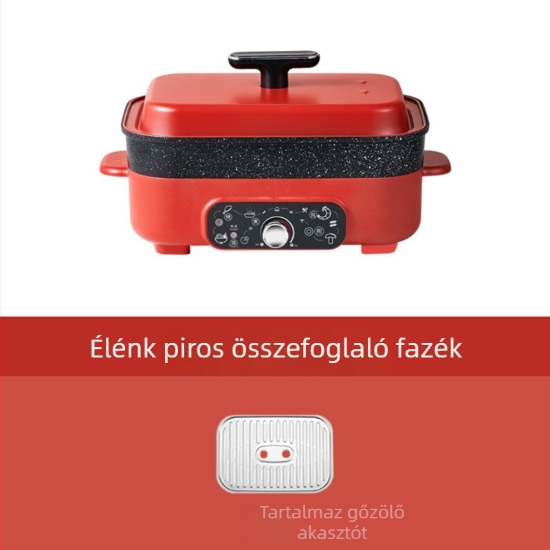 Elektromos többfunkciós fazék 4–5 L kapacitás, 1200–1500 W, belső edény alumíniumötvözetből, hőmérséklet-szabályozás és száraz égés elleni védelem