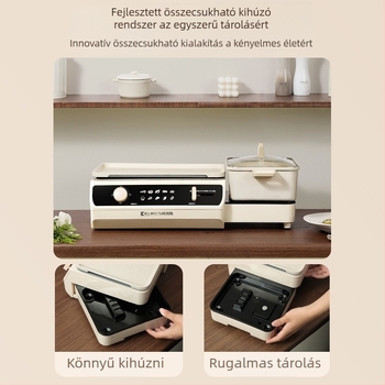 Többfunkciós edény gőzölésre, pirításra, forralásra, hot pot-ra és grillre; 1200–1500 W; 3–4 fő részére; mechanikus vezérlés