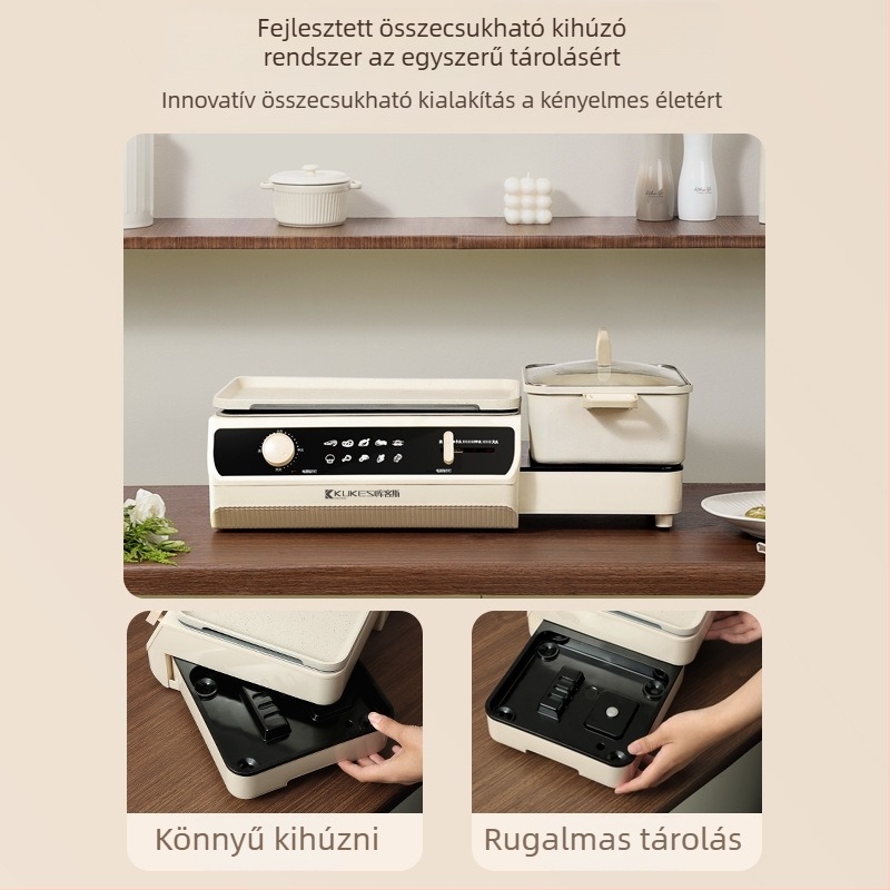 Többfunkciós edény gőzölésre, pirításra, forralásra, hot pot-ra és grillre; 1200–1500 W; 3–4 fő részére; mechanikus vezérlés