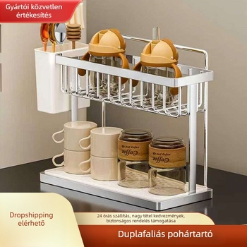 Rozsdamentes acél pohártartó, asztali kétszintű tartó, fúrás nélkül, 150 g