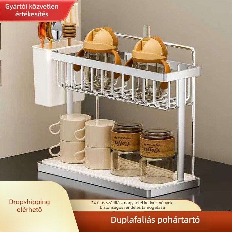Rozsdamentes acél pohártartó, asztali kétszintű tartó, fúrás nélkül, 150 g