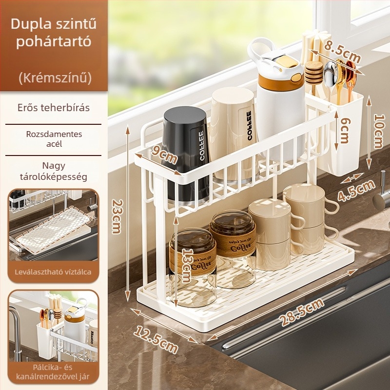 Rozsdamentes acél pohártartó, asztali kétszintű tartó, fúrás nélkül, 150 g