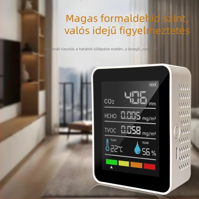 MT05 5 az 1-ben formaldehid-detektor otthoni levegőminőség monitorozására — méri a hőmérsékletet, páratartalmat, CO2-t és formaldehidet, mérési tartomány 400–5000 ppm, pontosság 10 ppm, Type-C tápegység