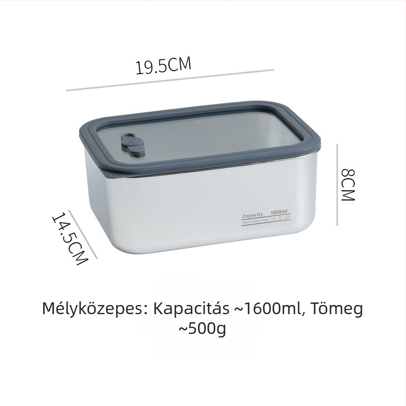 304 rozsdamentes acél élelmiszer-tároló konténer átlátszó üvegfedővel, hermetikusan záródó téglalap alakú ebédes doboz, élelmiszer-minőségű, kapacitás 1–4 L, tészta és gombócok számára