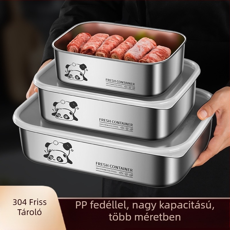 téglalap alakú ételtároló doboz 304 rozsdamentes acélból fedővel, élelmiszer-minőségű, nagy kapacitású, zárható и hordozható