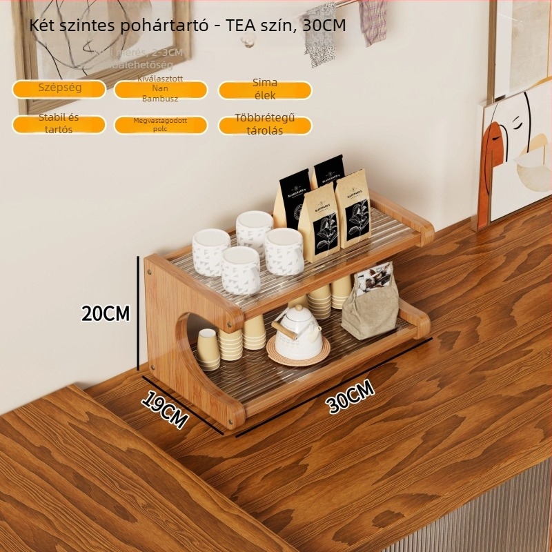 4-szintes asztali rendező polc bambuszból és sűrített lemezből, pohártartó