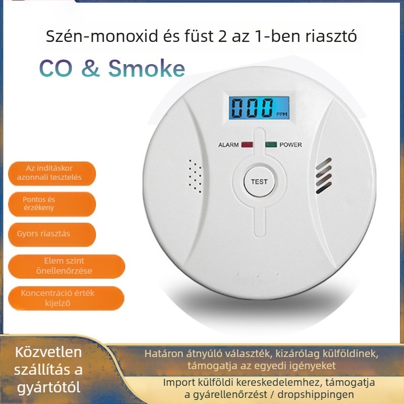 2-in-1 szén-monoxid- és füstérzékelő – falra szerelhető, vezeték nélküli okos szenzor, akár 30 m²-es lefedettség, 99,5% pontosság, DC 9V elem