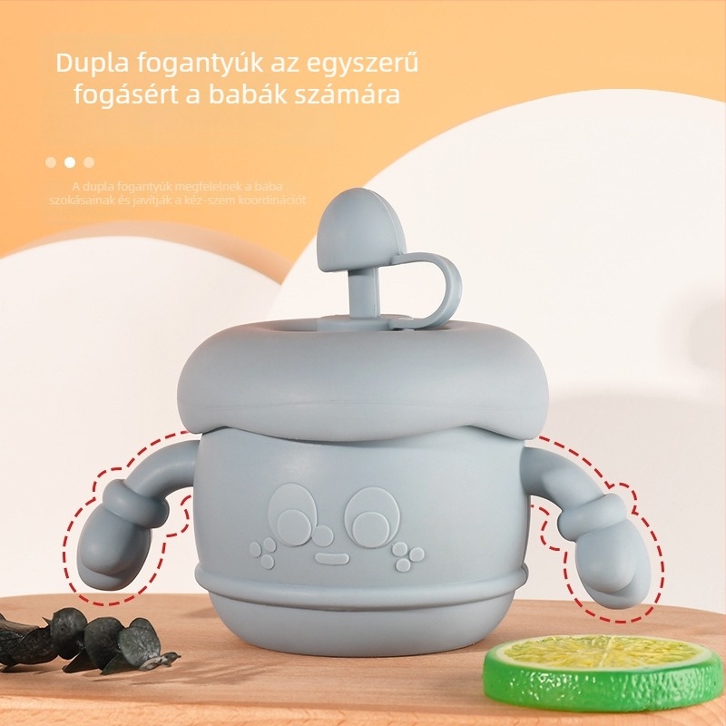 Szilikonból készült gyerekeknek tanuló pohár fedővel, szivárgásmentes szívócsővel, ütésálló, 1 db, 6 hónapos kortól