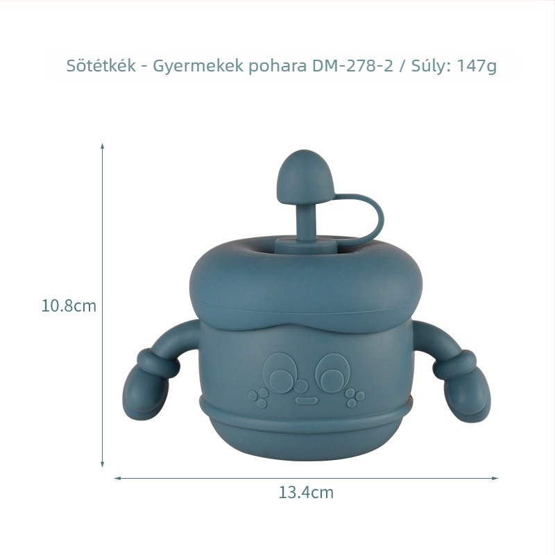 Szilikonból készült gyerekeknek tanuló pohár fedővel, szivárgásmentes szívócsővel, ütésálló, 1 db, 6 hónapos kortól