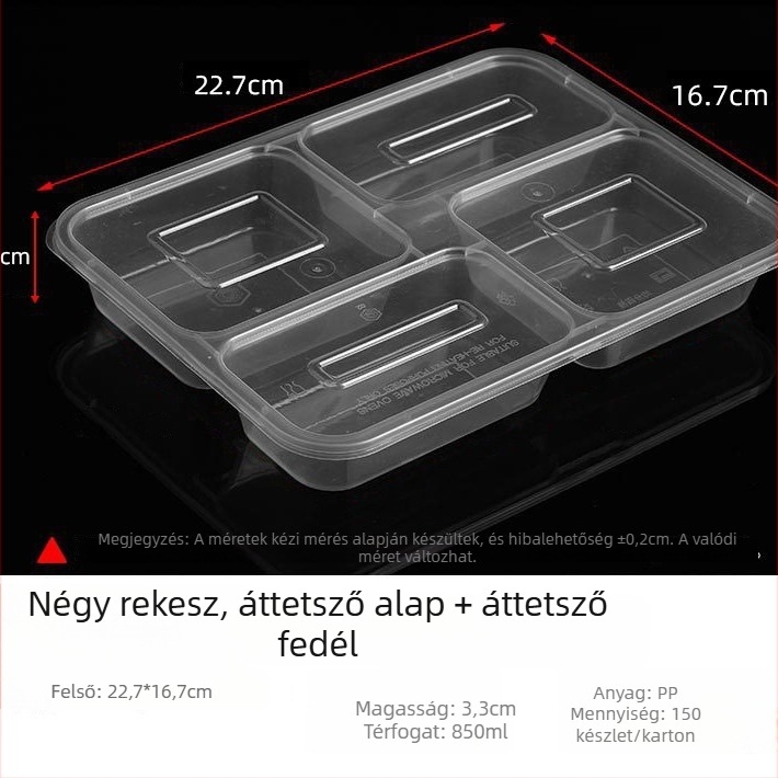 Egyszer használatos PP téglalap alakú ebédes doboz négy egyenlő rekesszel, mikrohullámú sütőben használható, biodegradálható