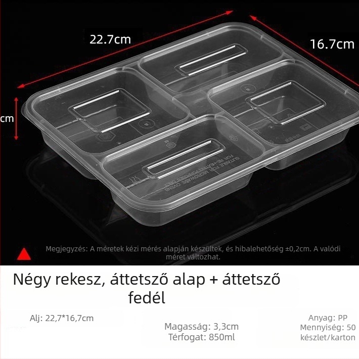 Egyszer használatos PP téglalap alakú ebédes doboz négy egyenlő rekesszel, mikrohullámú sütőben használható, biodegradálható