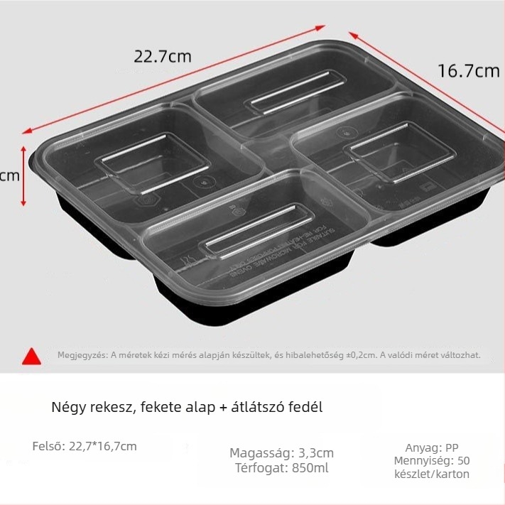 Egyszer használatos PP téglalap alakú ebédes doboz négy egyenlő rekesszel, mikrohullámú sütőben használható, biodegradálható