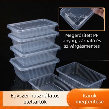 téglalap alakú egyszer használatos ebédes doboz fedővel, PP anyagból, take-out, mikrohullámú sütőben használható, 300 készlet